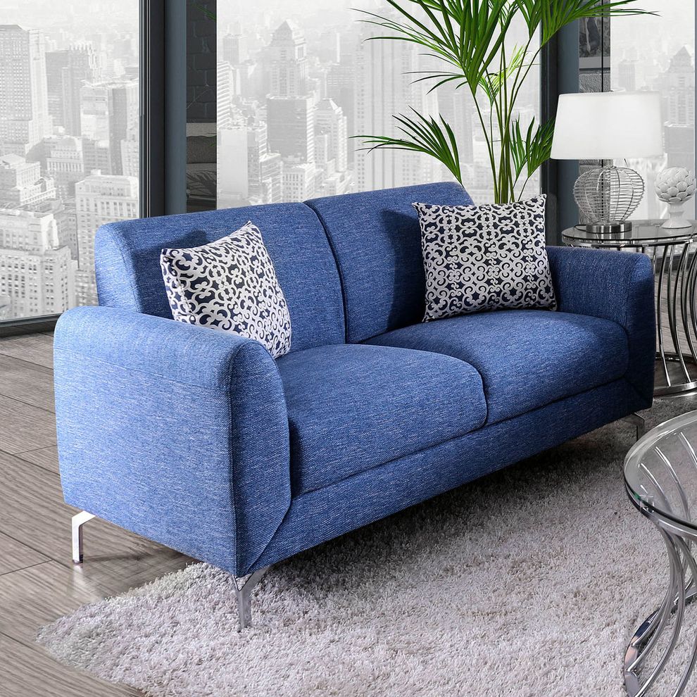 Blue linen-like fabric contemporary loveseat by Furniture of America