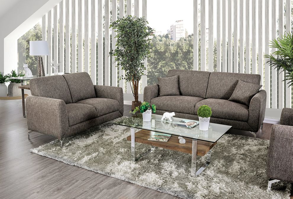 Brown linen-like fabric contemporary sofa by Furniture of America