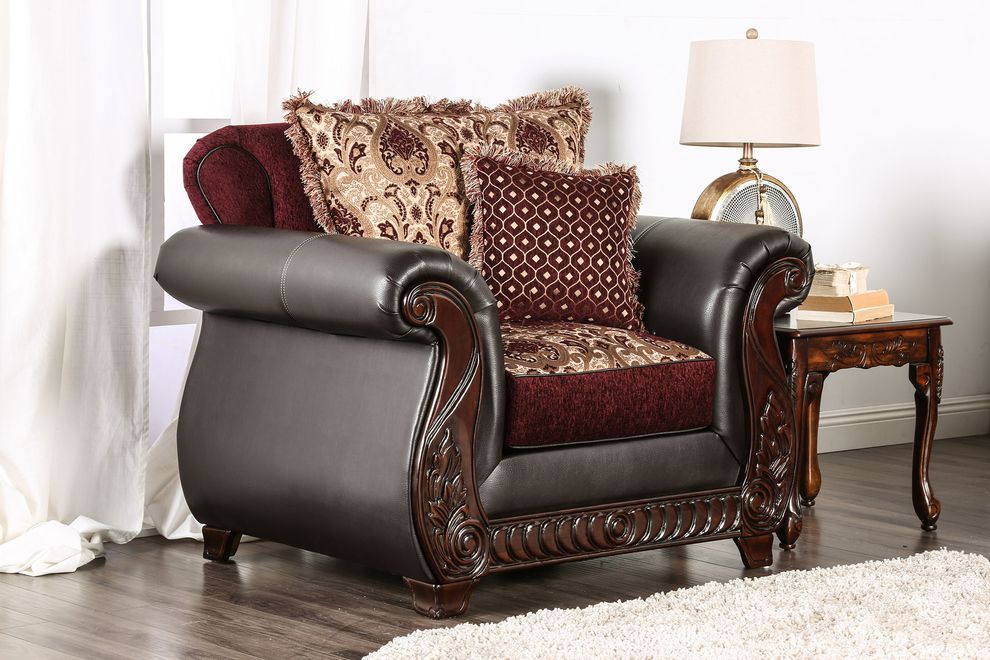 Dark burgundy rolled arms classic style chair by Furniture of America