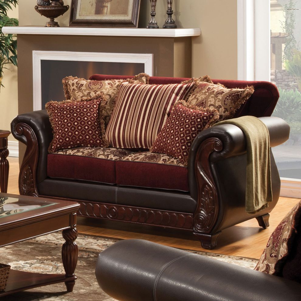 Dark burgundy rolled arms classic style loveseat by Furniture of America