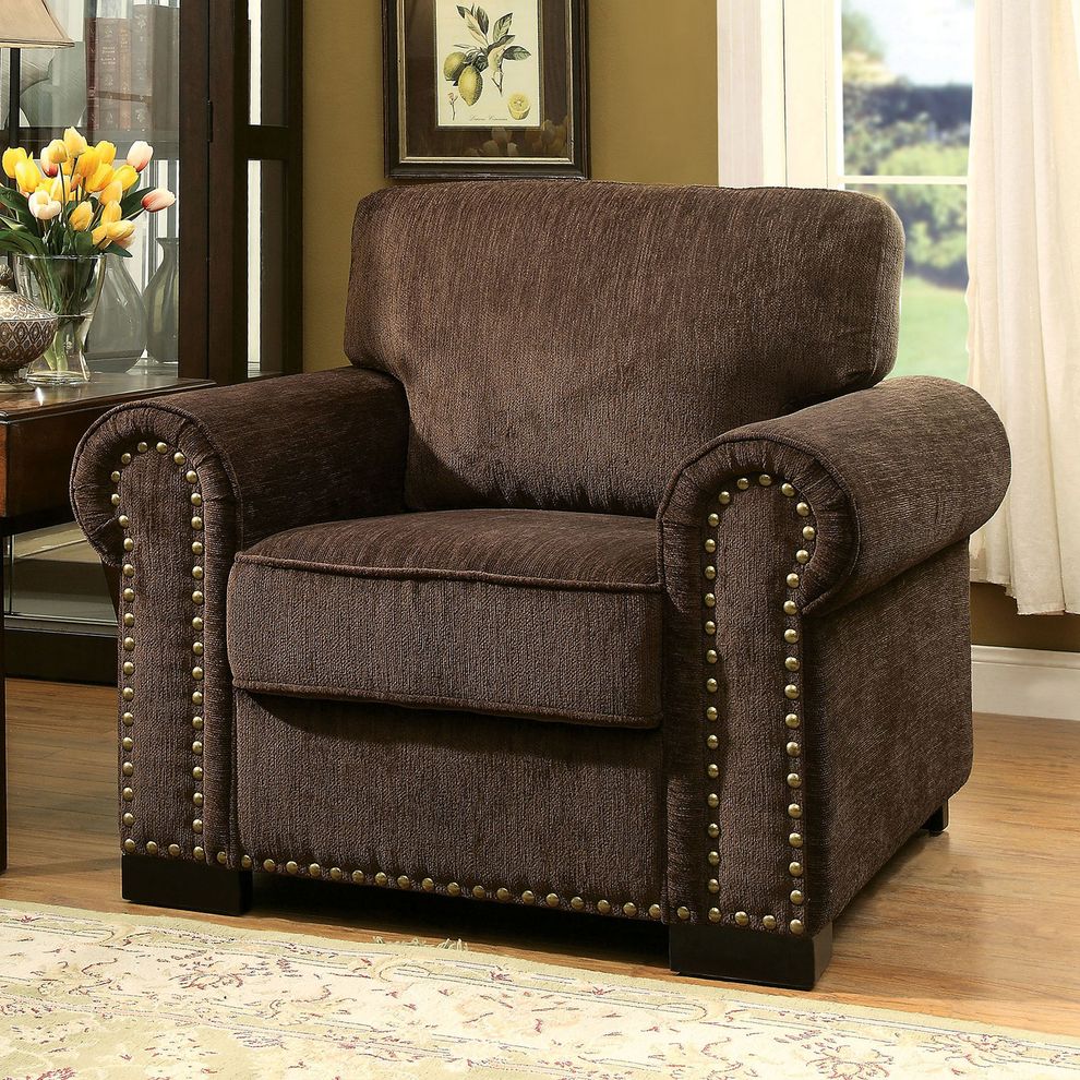 Dark brown fabric nailhead trim casual chair by Furniture of America