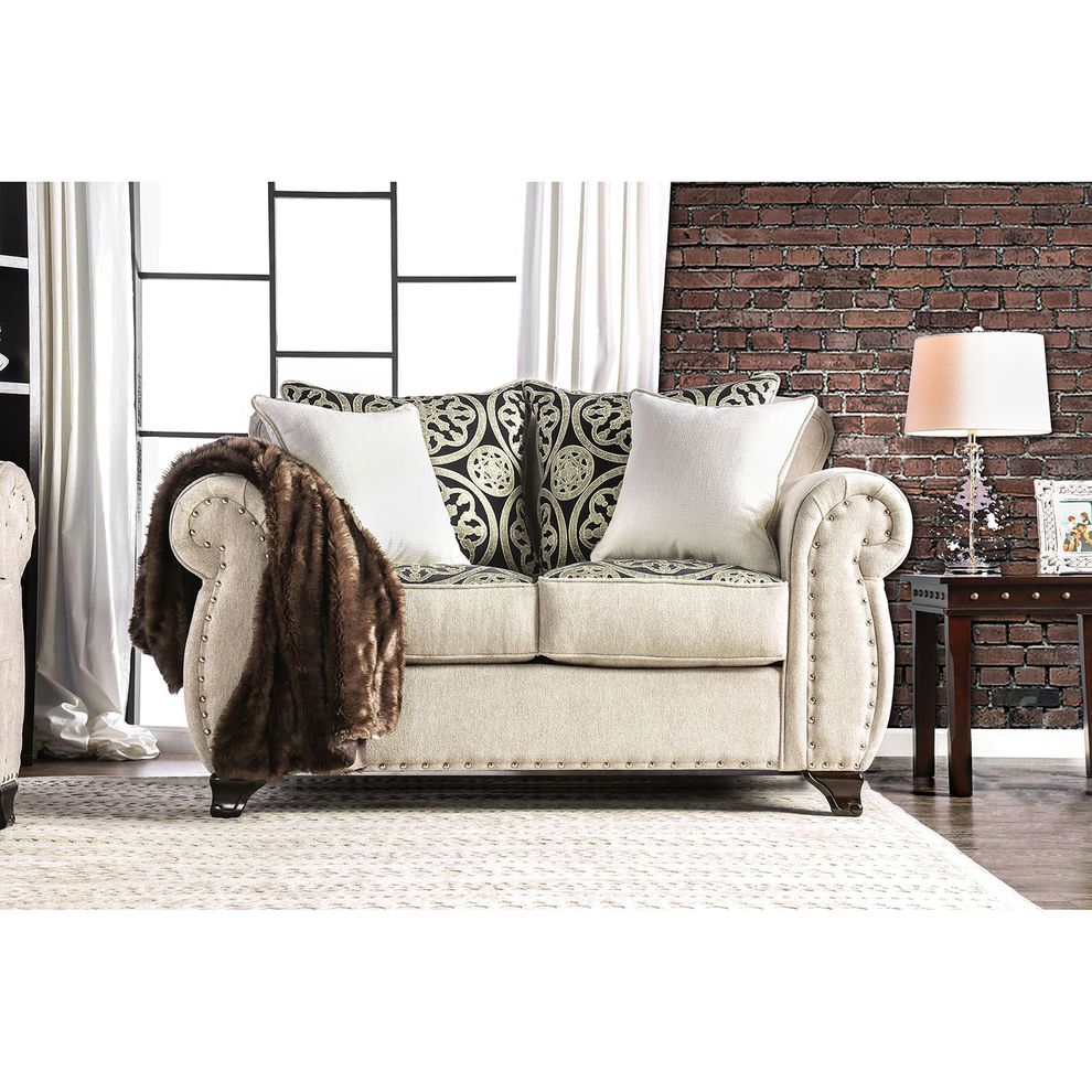 Glam style rolled arms light mocha linen loveseat by Furniture of America