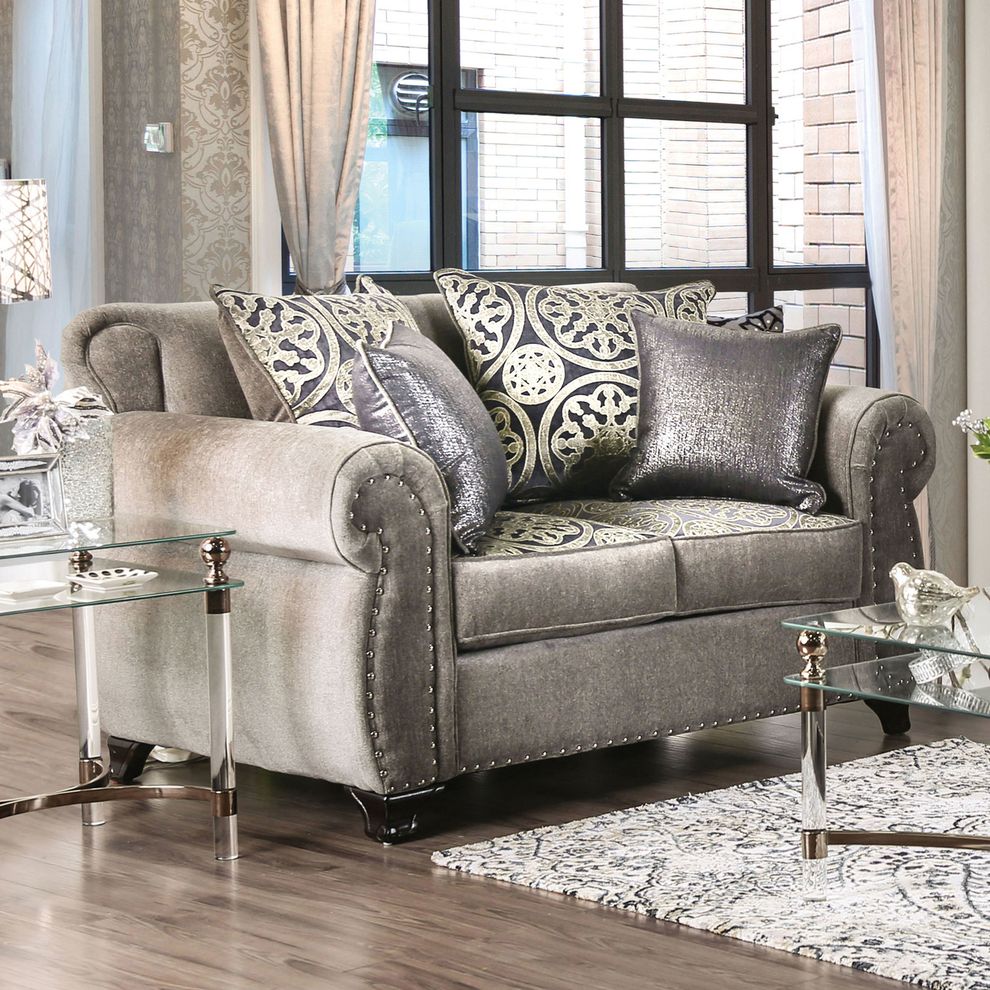 Glam style rolled arms gray / metallic linen loveseat by Furniture of America