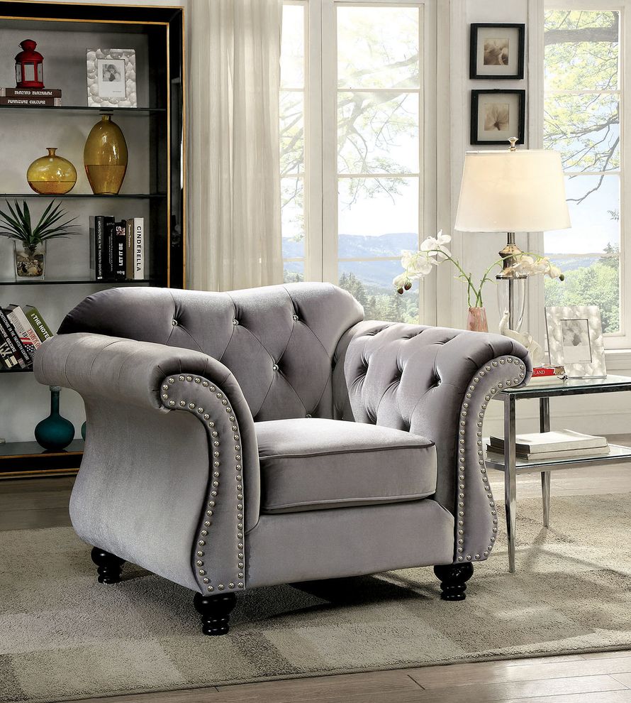 Gray fabric glam style tufted chair by Furniture of America