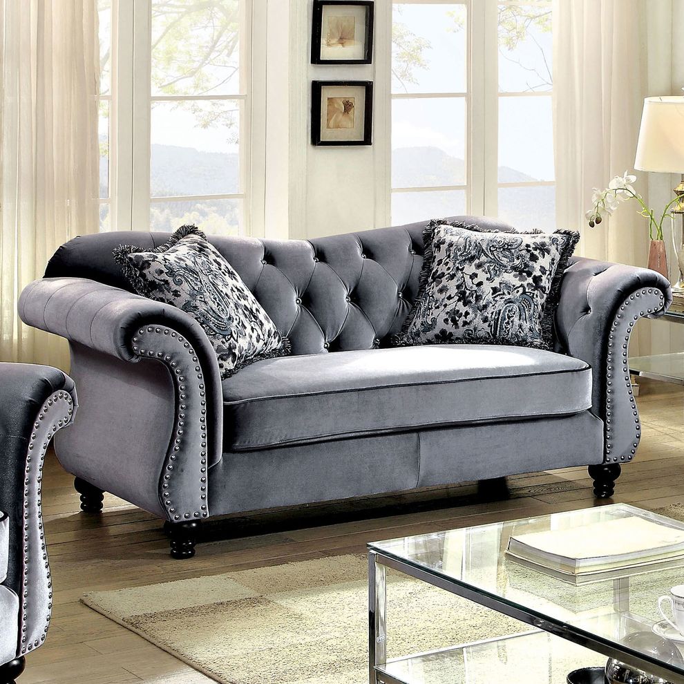 Gray fabric glam style tufted loveseat by Furniture of America