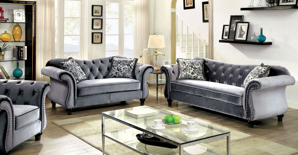 Gray fabric glam style tufted sofa by Furniture of America