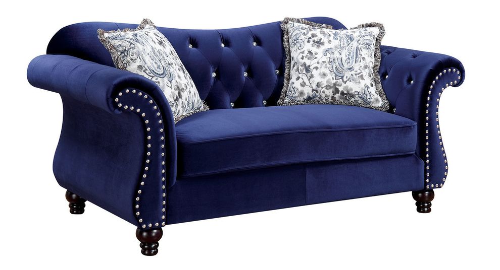 Blue fabric glam style tufted loveseat by Furniture of America