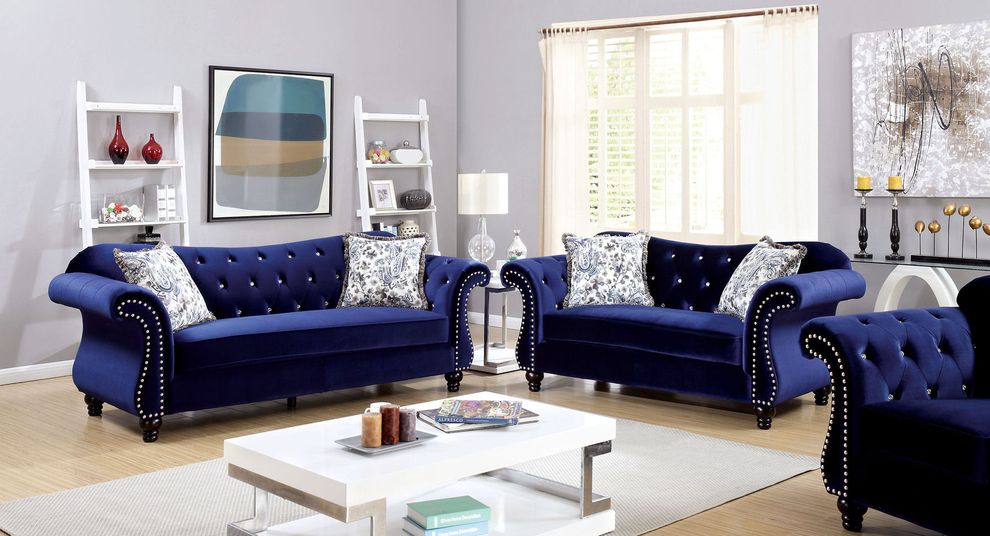 Blue fabric glam style tufted sofa by Furniture of America