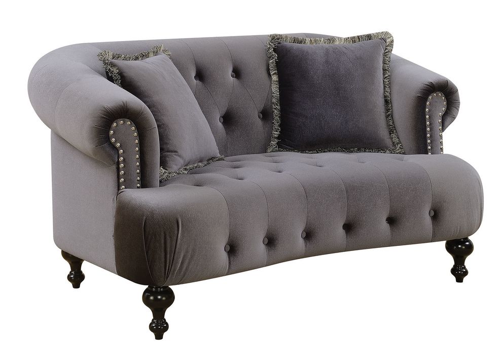 Gray flannelette fabric plush tufted loveseat by Furniture of America