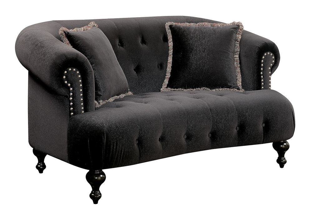 Black flannelette fabric plush tufted loveseat by Furniture of America