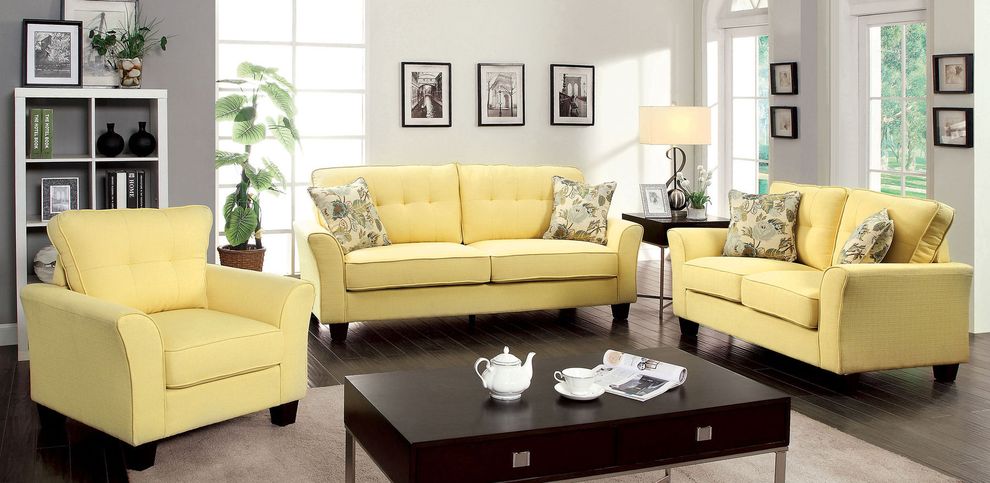 Transitional style yellow fabric casual sofa by Furniture of America