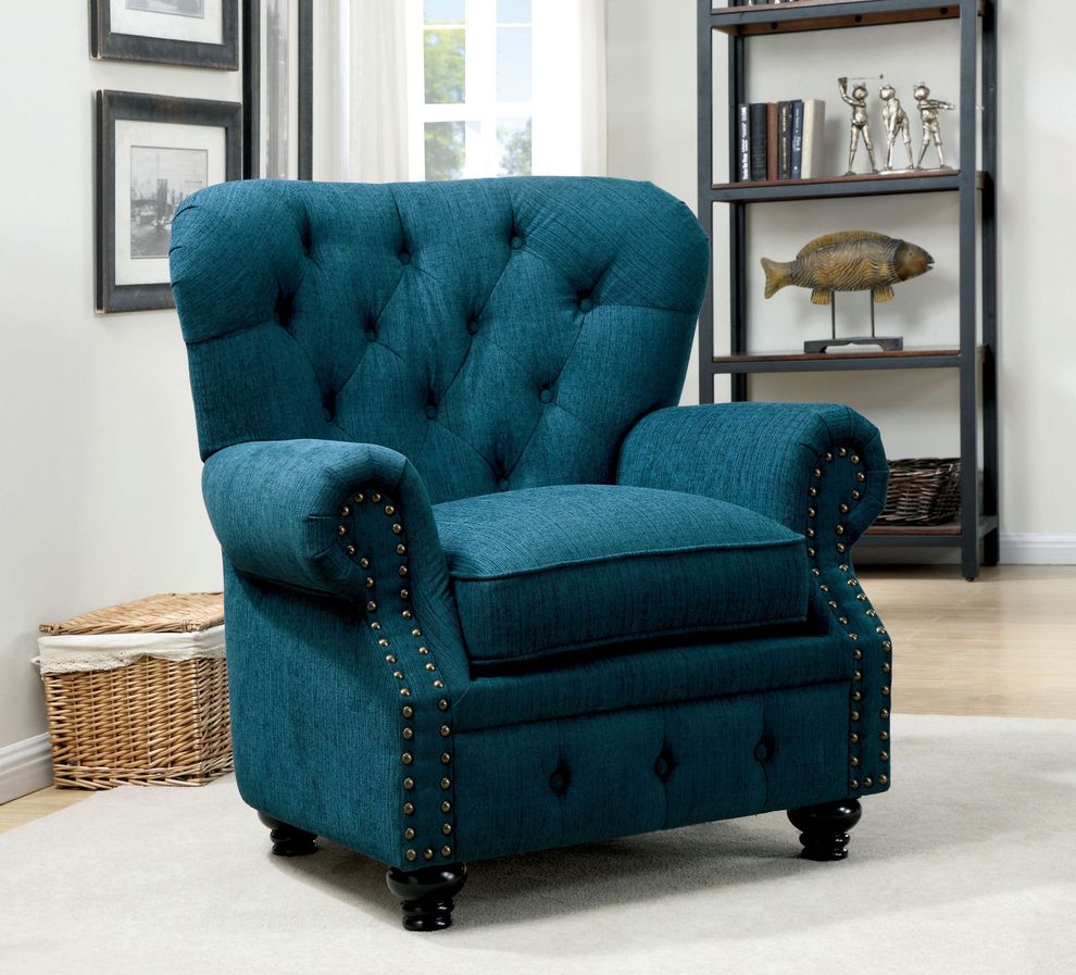 Nailhead trim / button tufted teal fabric chair by Furniture of America