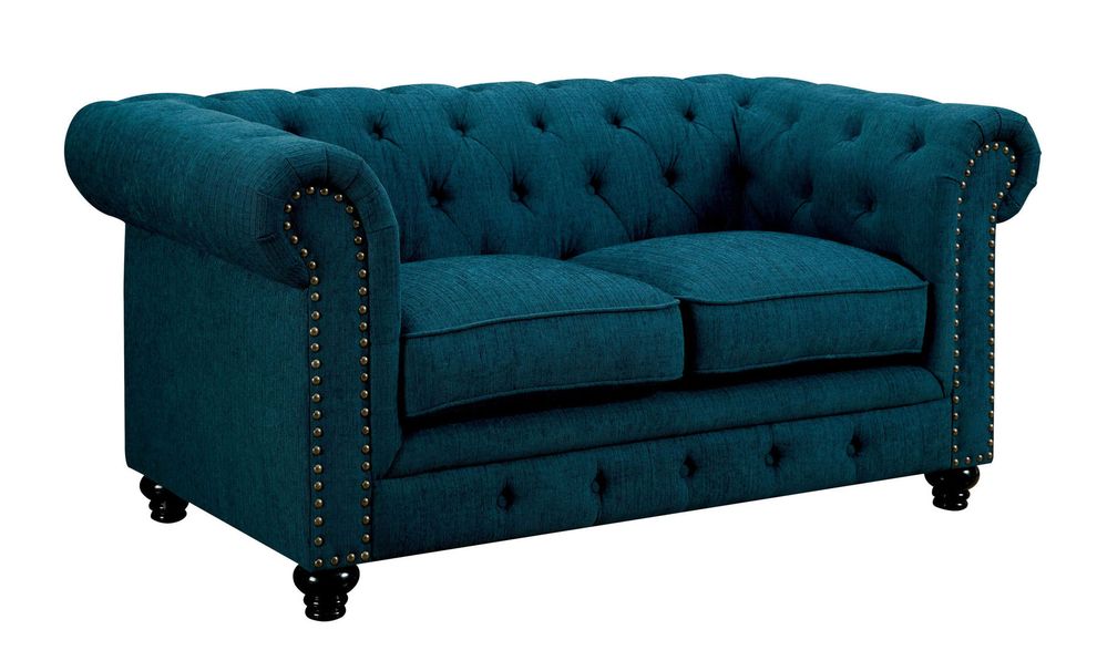 Nailhead trim / button tufted teal fabric loveseat by Furniture of America
