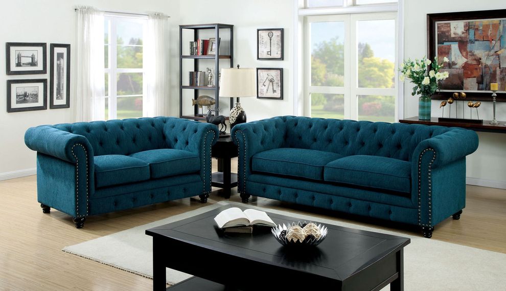 Nailhead trim / button tufted teal fabric sofa by Furniture of America