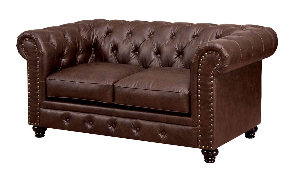 Nailhead trim / button tufted brown leather loveseat by Furniture of America