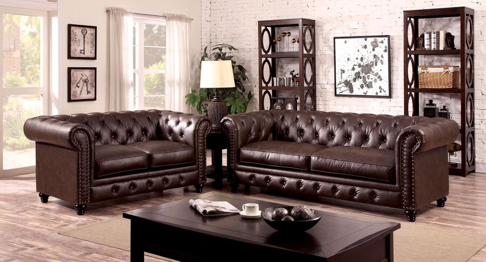 Nailhead trim / button tufted brown leather sofa by Furniture of America