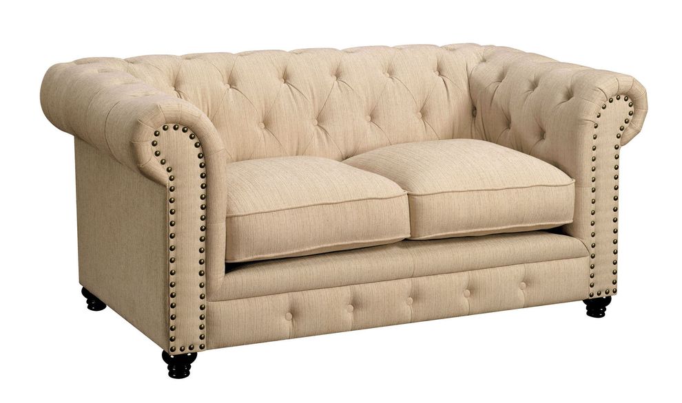 Nailhead trim / button tufted ivory fabric loveseat by Furniture of America