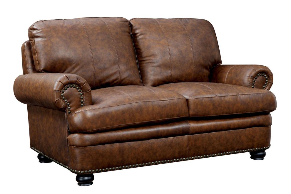 Top grain leather match brown loveseat by Furniture of America