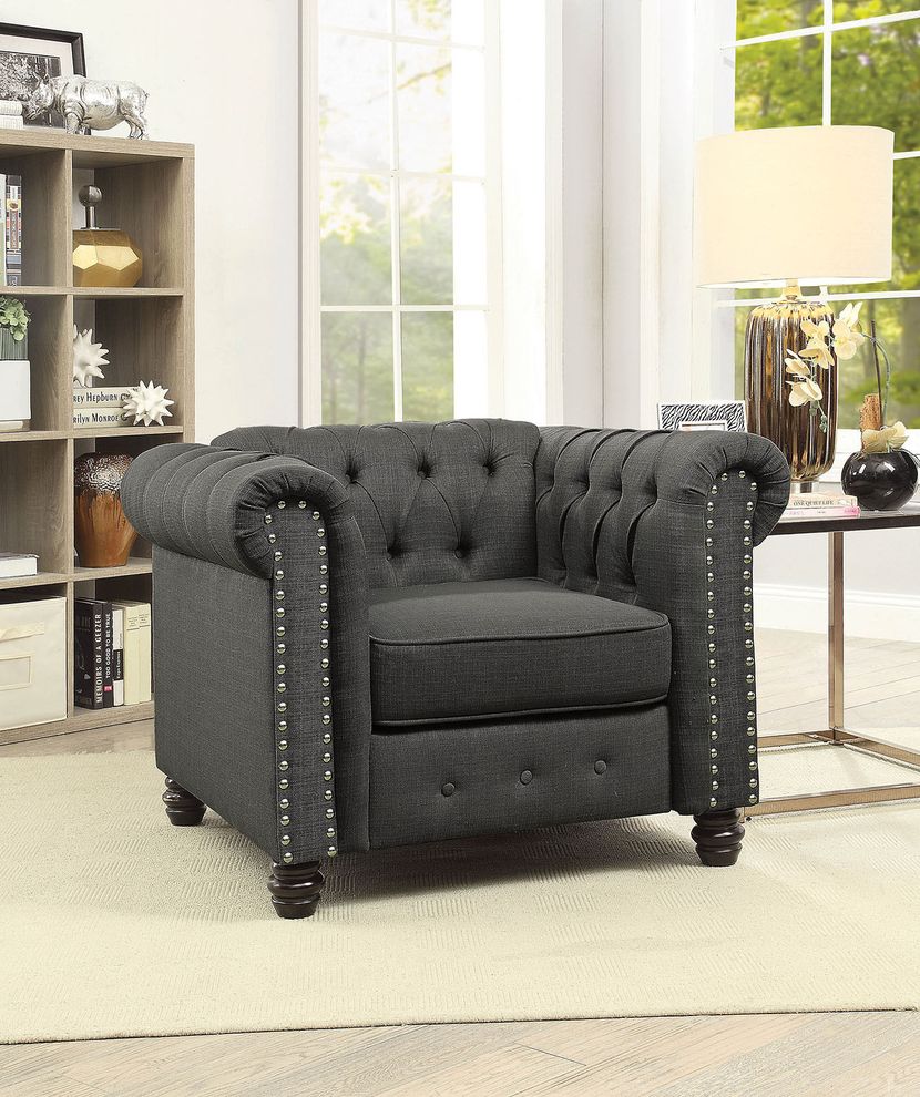 Dark gray linen like fabric tufted style chair by Furniture of America