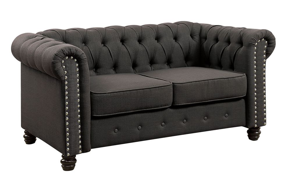Dark gray linen like fabric tufted style loveseat by Furniture of America