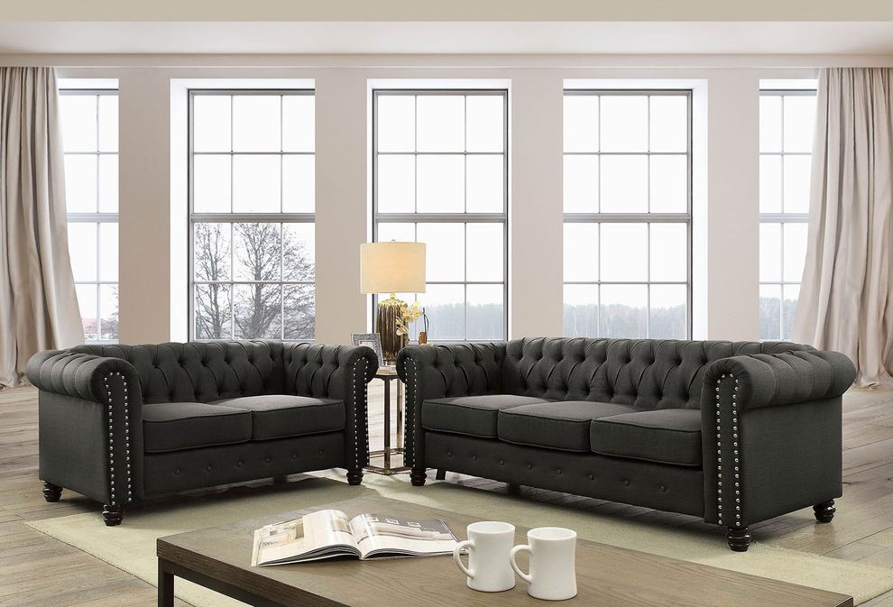 Dark gray linen like fabric tufted style sofa by Furniture of America