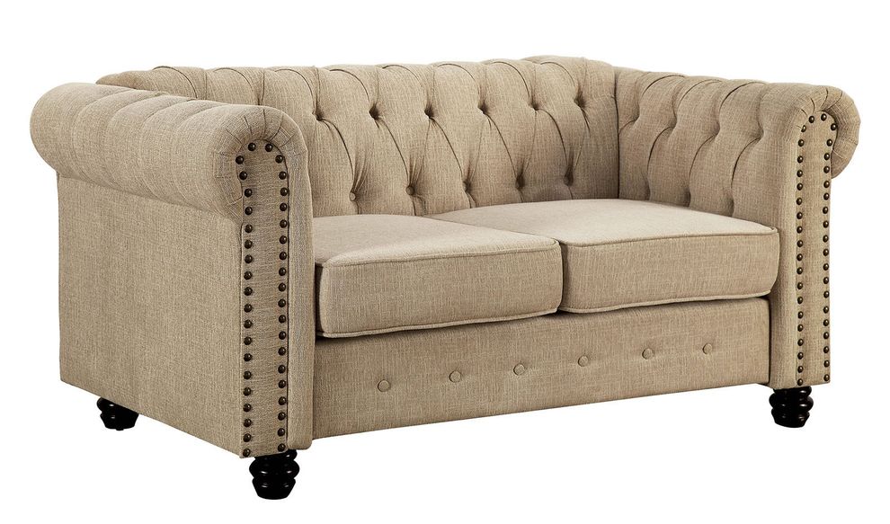 Ivory linen like fabric tufted style loveseat by Furniture of America
