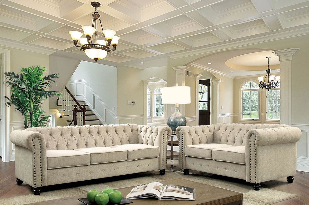Ivory linen like fabric tufted style sofa by Furniture of America