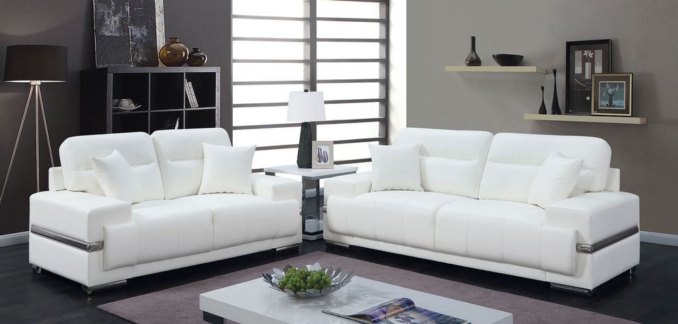 Contemporary white leatherette silver trim sofa by Furniture of America