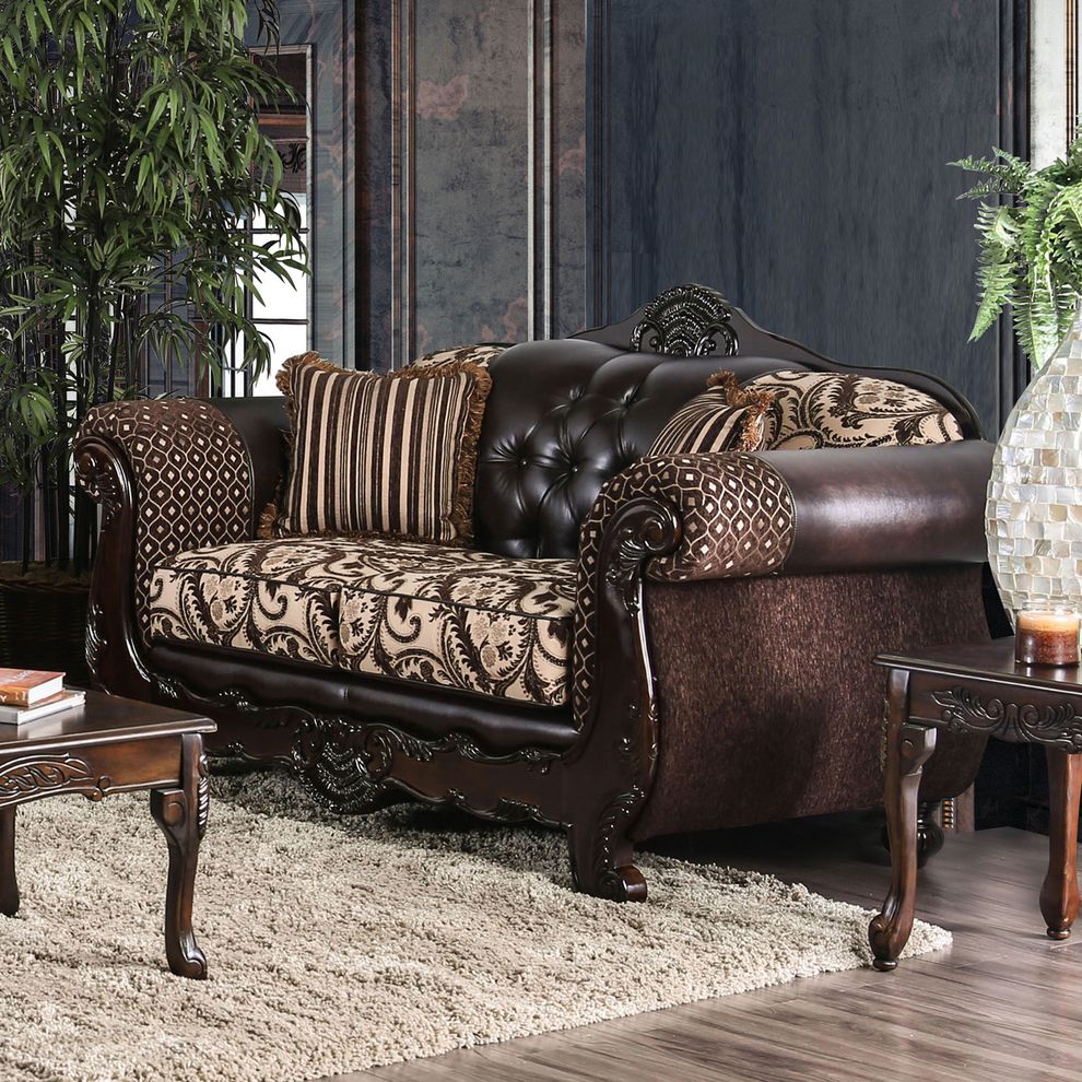 Traditional leatherette/chenille fabric loveseat by Furniture of America