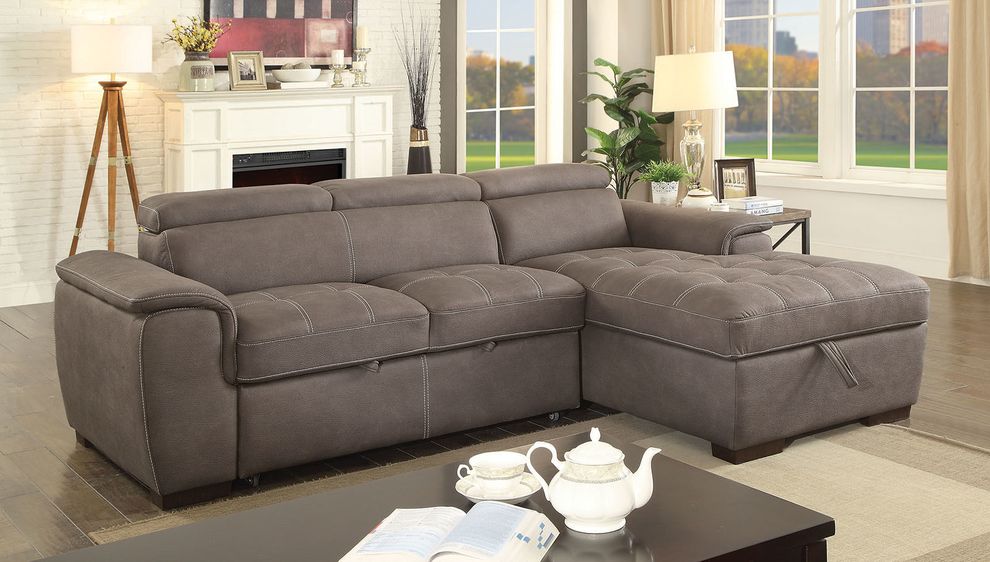 Ash brown fabric sectional w/ built-in bed by Furniture of America