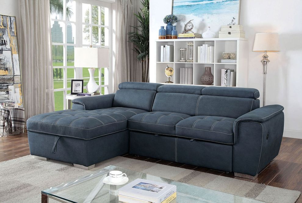 Blue fabric sectional w/ built-in bed by Furniture of America