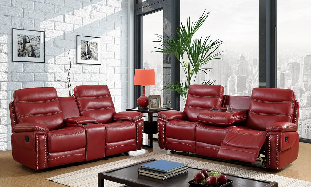 Red leather recliner sofa in contemporary style by Furniture of America