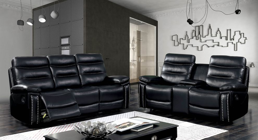Black leather recliner sofa in contemporary style by Furniture of America