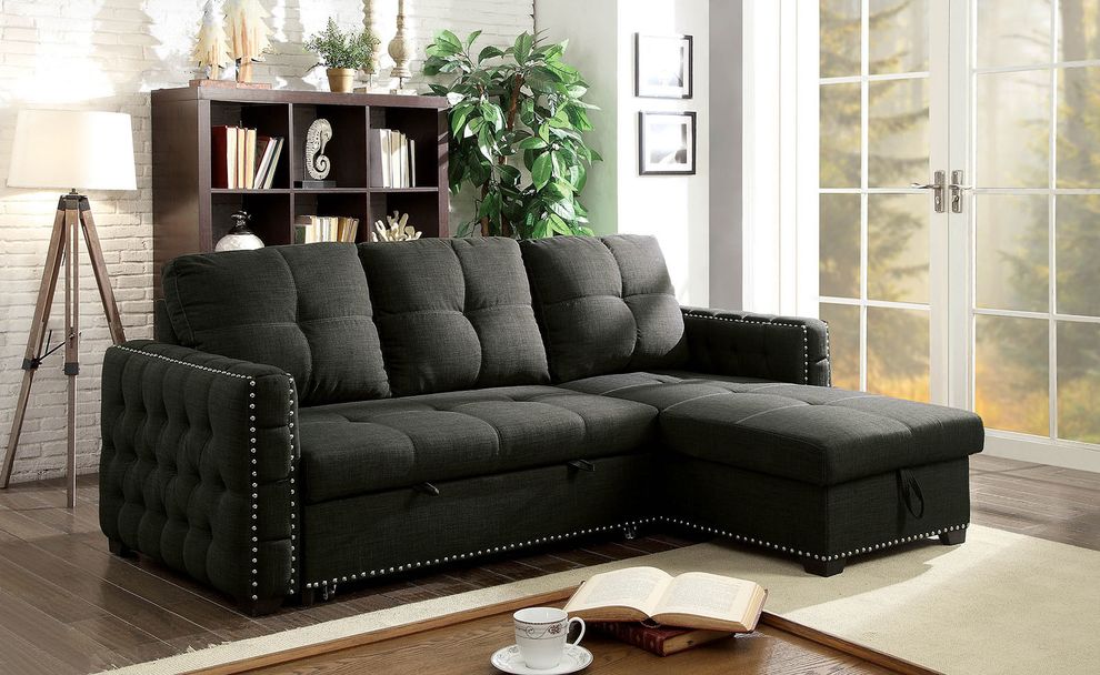 Dark gray fabric sectional w/ sleeper and storage by Furniture of America