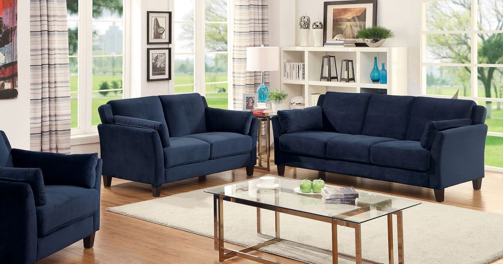 Navy flannelette fabric affordable sofa by Furniture of America