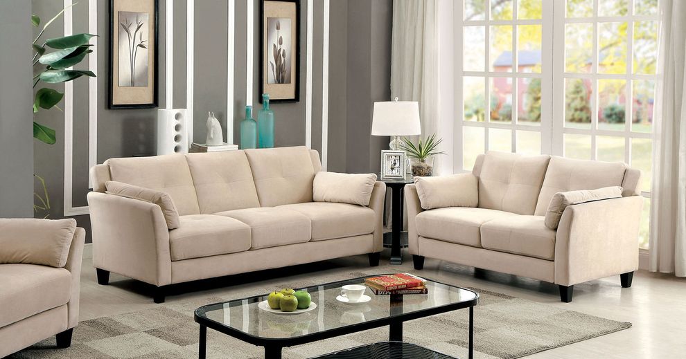Beige flannelette fabric affordable sofa by Furniture of America