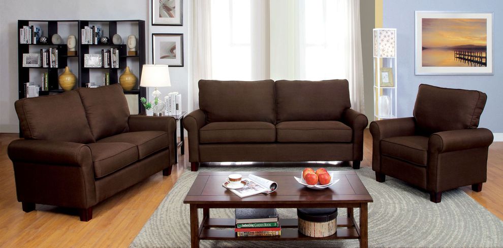 Transitional chocolate sofa brown w/ rolled arms by Furniture of America