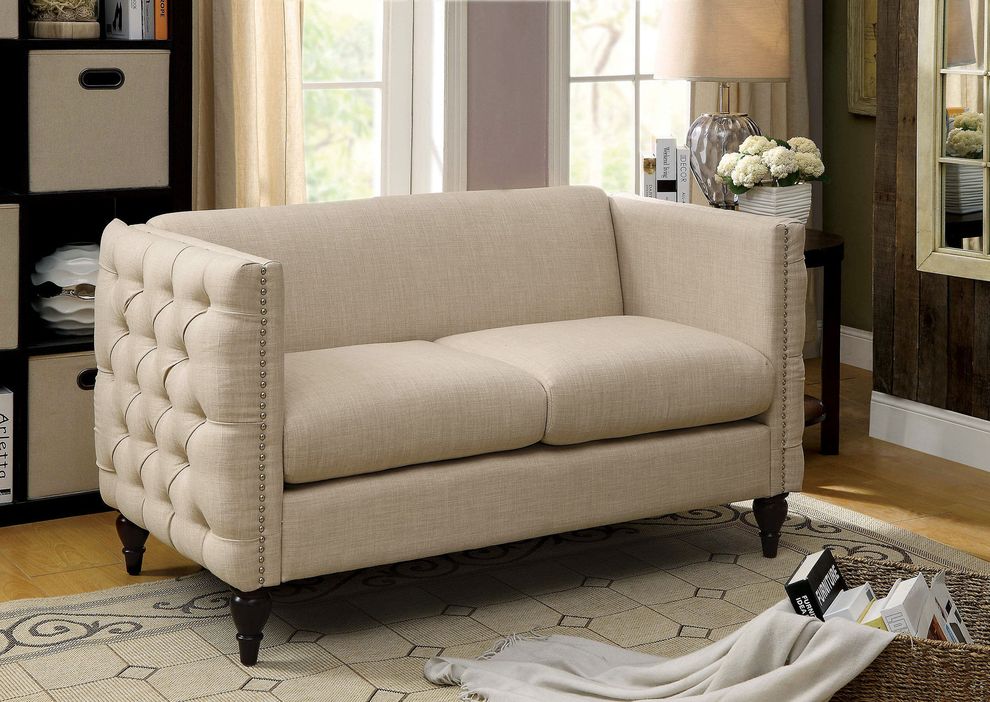 Beige fabric tufted loveseat in contemporary style by Furniture of America