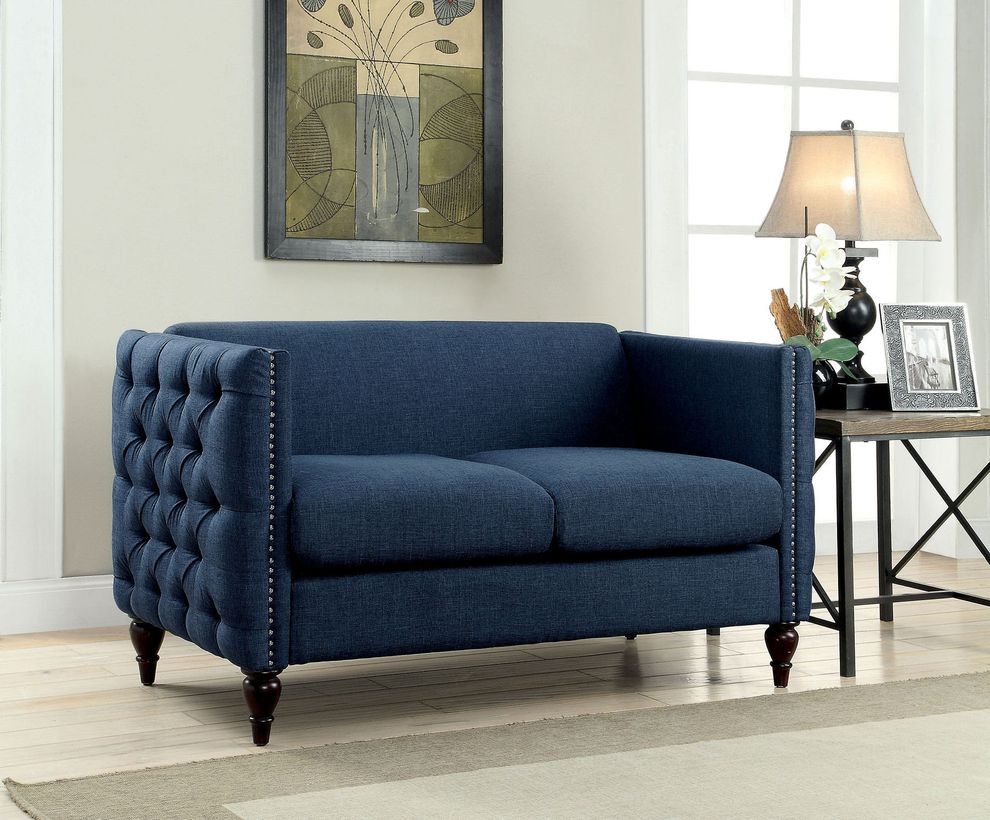 Blue fabric tufted loveseat in contemporary style by Furniture of America