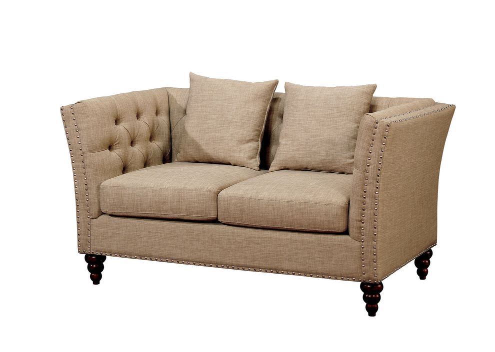 Beige linen fabric tufted design loveseat by Furniture of America
