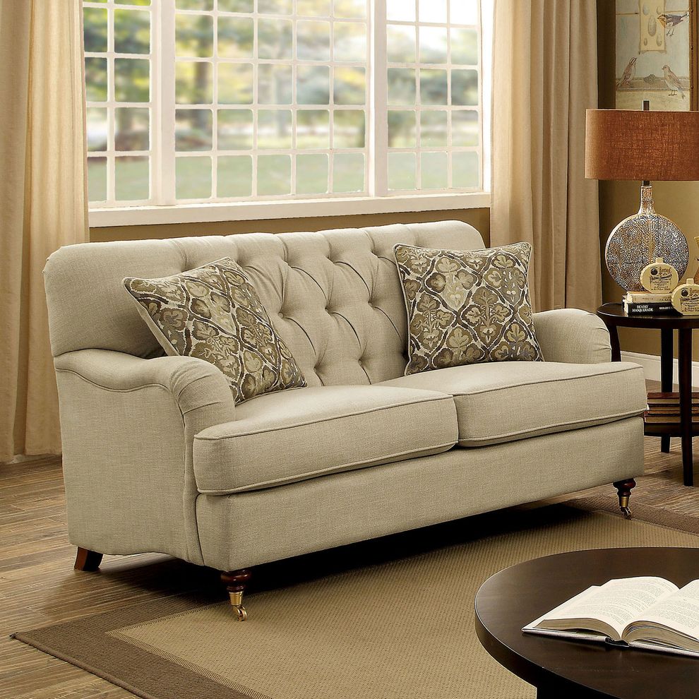Traditionally styled dark beige fabric loveseat by Furniture of America