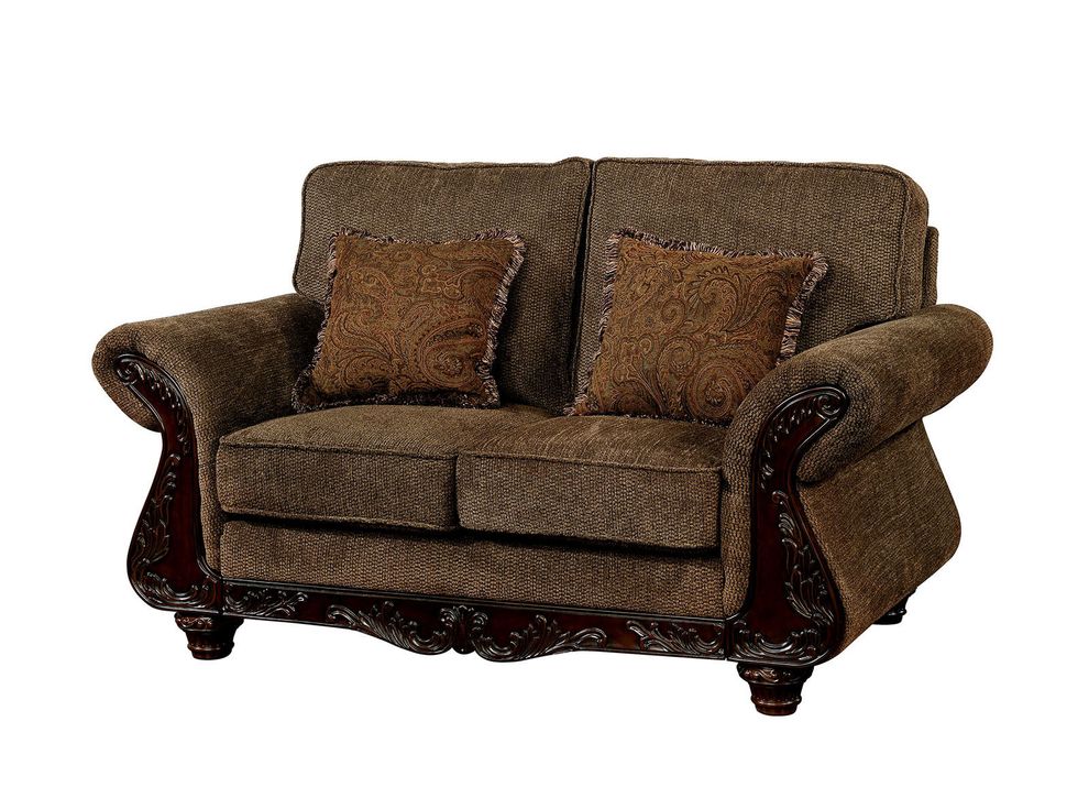 Traditional brown fabric loveseat w/ wood inlays by Furniture of America