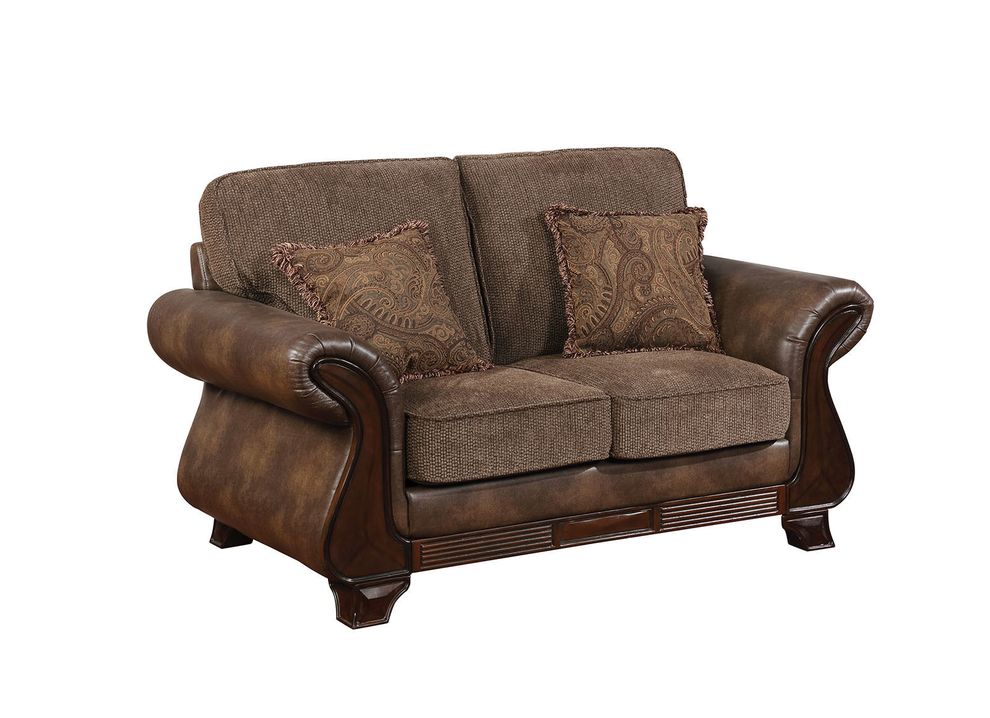Chocolate brown two-toned fabric/leatherette loveseat by Furniture of America
