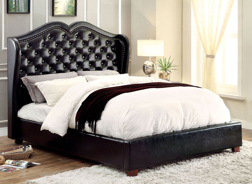 High tufted headboard black platform king bed by Furniture of America