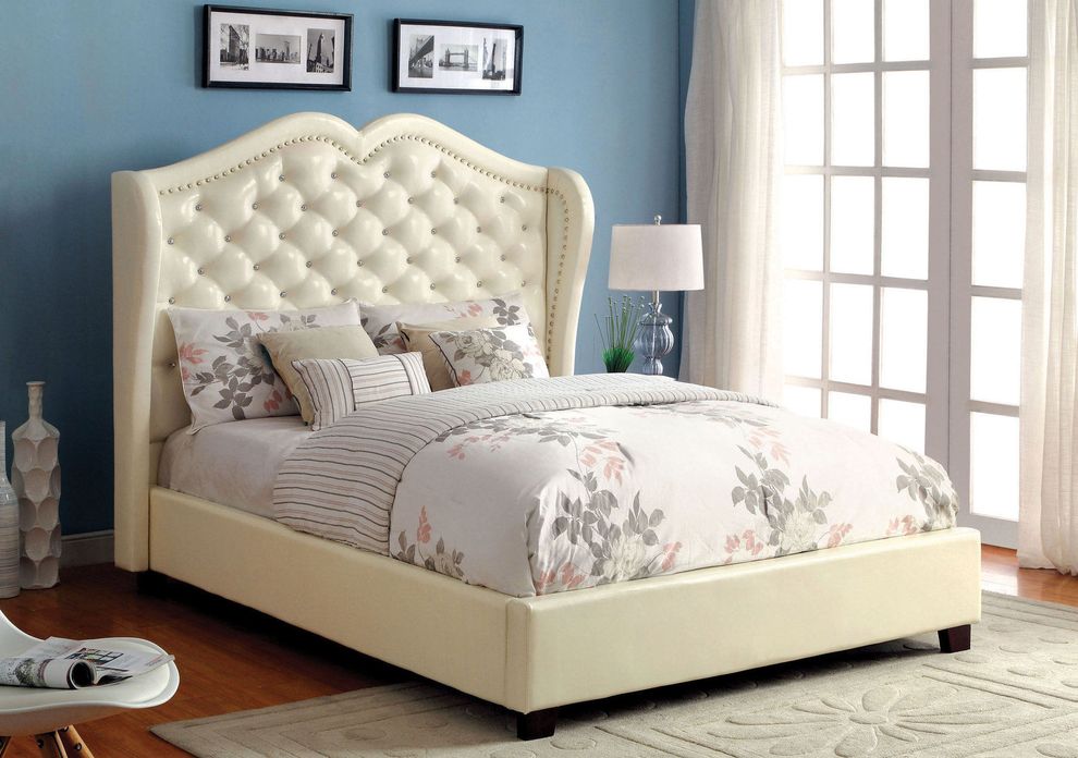 High tufted headboard ivory platform king bed by Furniture of America