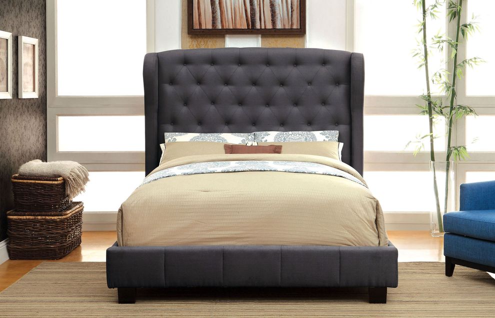 Gray linen-like fabric wing design king bed by Furniture of America