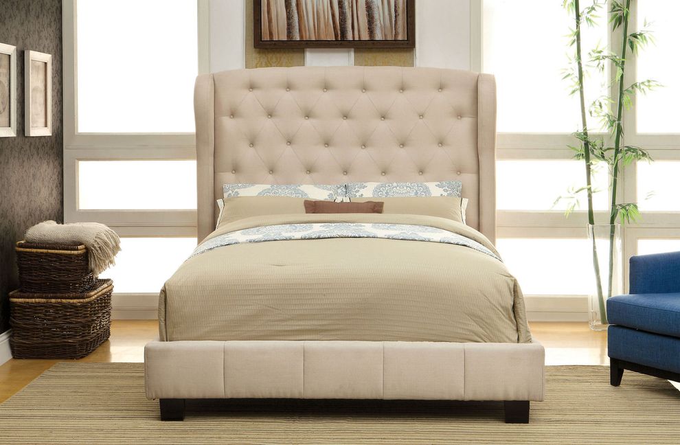 Ivory linen-like fabric wing design king bed by Furniture of America