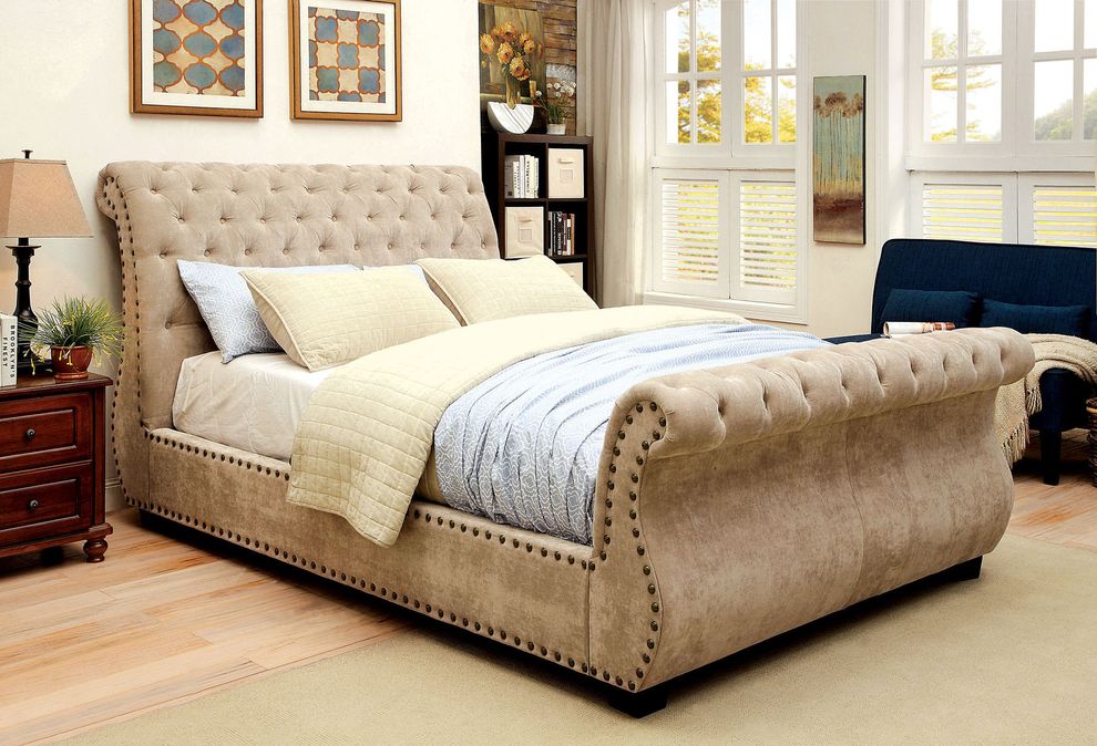Corduoy mocha fabric platform sleigh king bed by Furniture of America