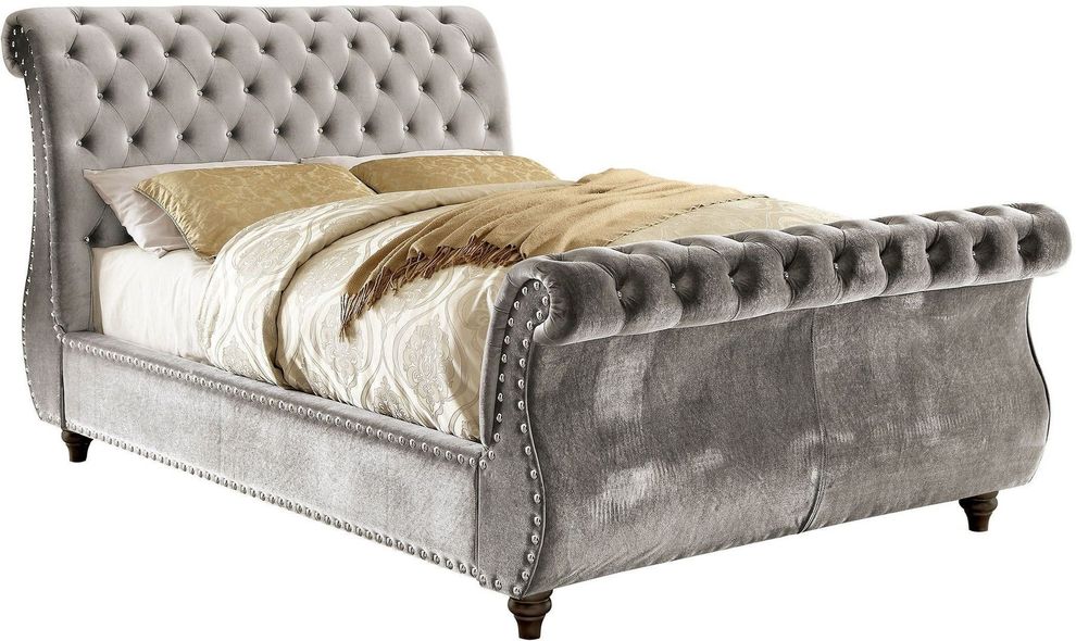 Contemporary platform gray king bed with tufted hb/fb by Furniture of America