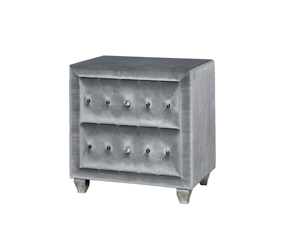 Flannelette fabric tufted nightstand in gray by Furniture of America